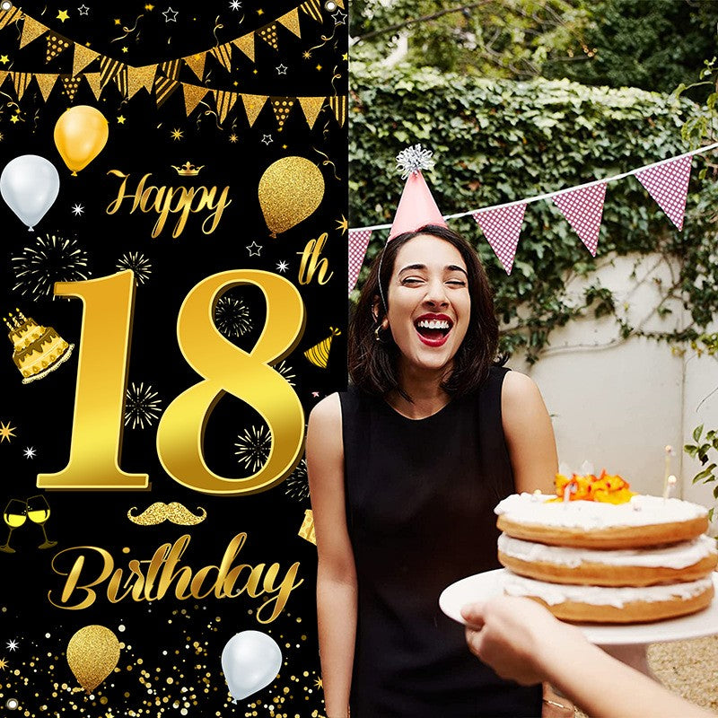 Banner Petrecere Majorat, Model Happy Birthday 18 Ani, Fundal Foto Rezistent, Textil, 185x90 cm, Negru