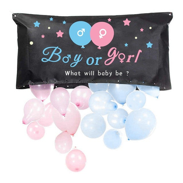 Set Gender Reveal, Sac Balloon Drop Bag pentru Dezvaluirea Genului, 24 Baloane Latex Roz si Albastru 13 cm, Plastic, Sac 60 x 120 cm, Multicolor
