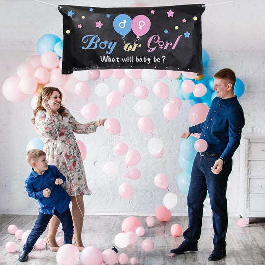 Set Gender Reveal, Sac Balloon Drop Bag pentru Dezvaluirea Genului, 24 Baloane Latex Roz si Albastru 13 cm, Plastic, Sac 60 x 120 cm, Multicolor