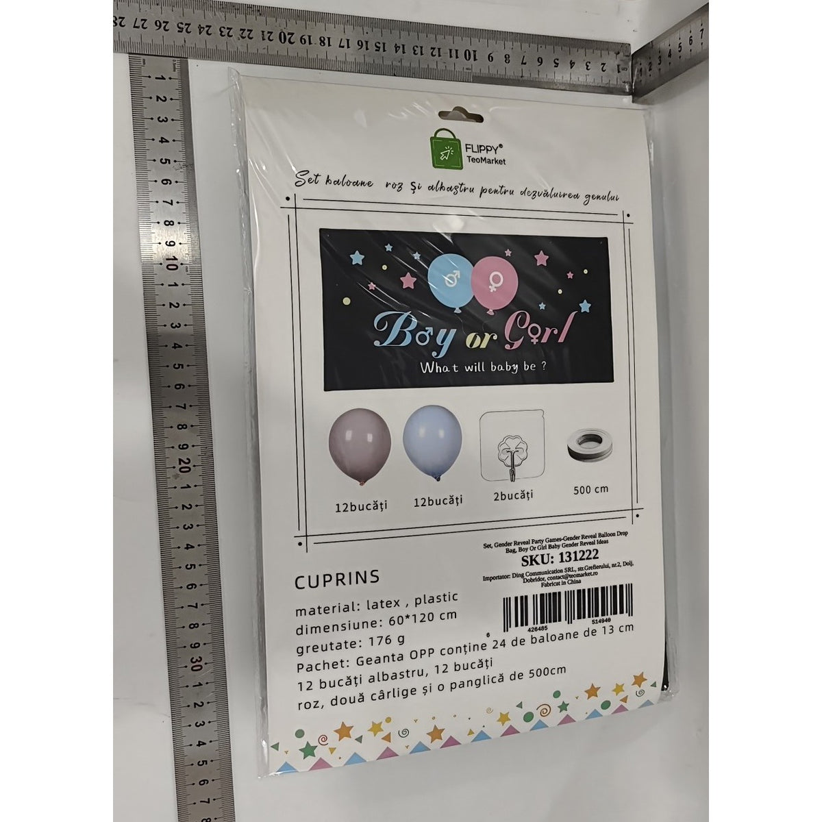 Set Gender Reveal, Sac Balloon Drop Bag pentru Dezvaluirea Genului, 24 Baloane Latex Roz si Albastru 13 cm, Plastic, Sac 60 x 120 cm, Multicolor