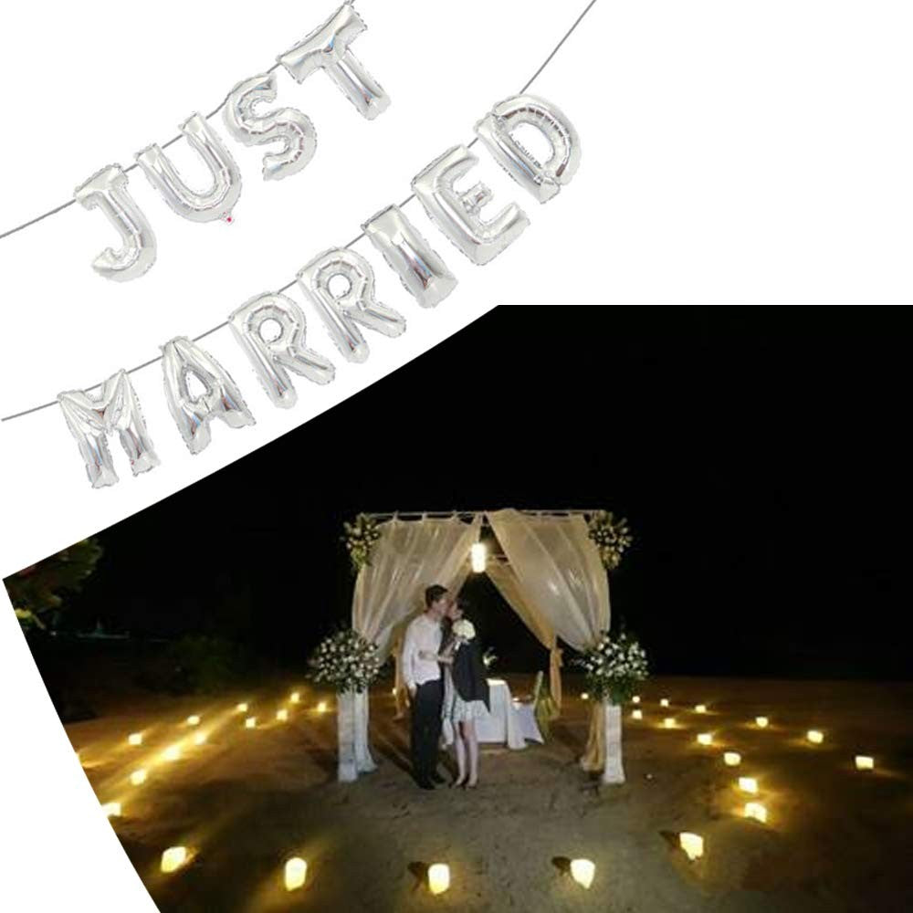Set Baloane Just Married, Figurine Litere pentru Nunta, Folie de Aluminiu, Umflare Aer sau Heliu, Argintiu, 40 cm