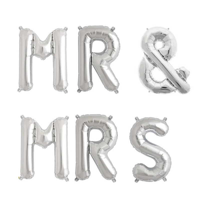 Set Baloane Litere MR&MRS pentru Nunta, Figurine din Folie de Aluminiu, Umflare Aer sau Heliu, Include Pai, 40 cm, Argintiu