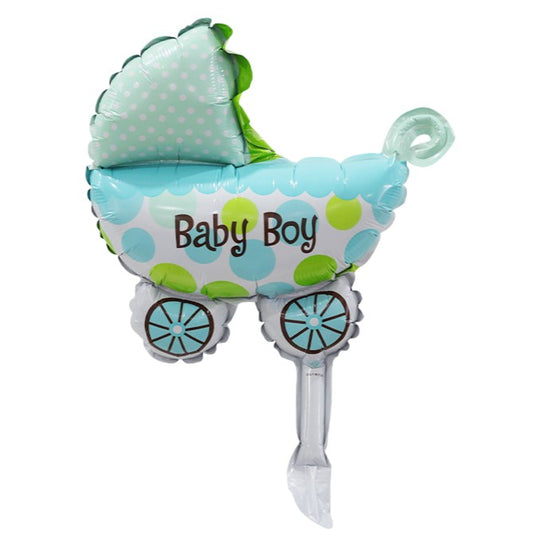 Set 3 Baloane din Folie Metalizata, Decoratiuni Tema Botez, Figurine Carucior Inima si Fundita, Umflare Aer sau Heliu, Albastru, 45 cm, 3 Bucati