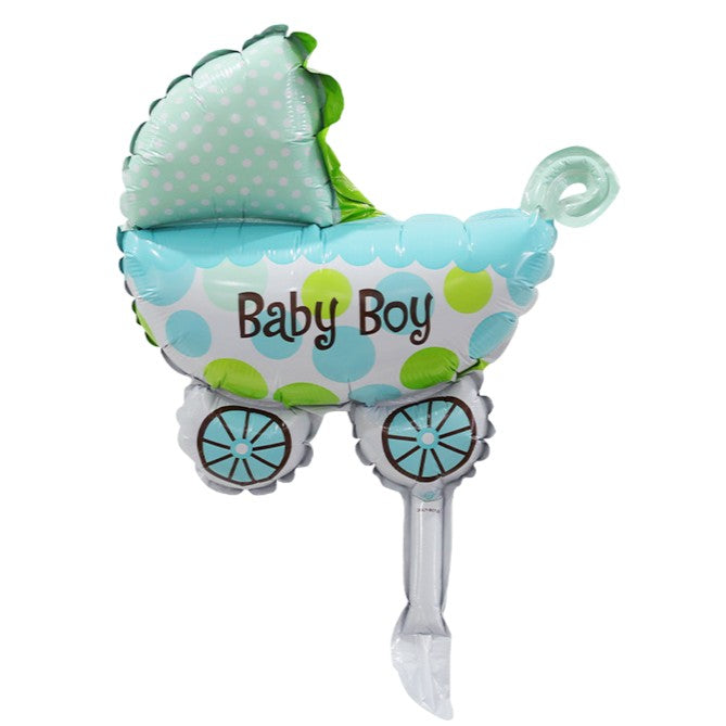 Set 3 Baloane din Folie Metalizata, Decoratiuni Tema Botez, Figurine Carucior Inima si Fundita, Umflare Aer sau Heliu, Albastru, 45 cm, 3 Bucati