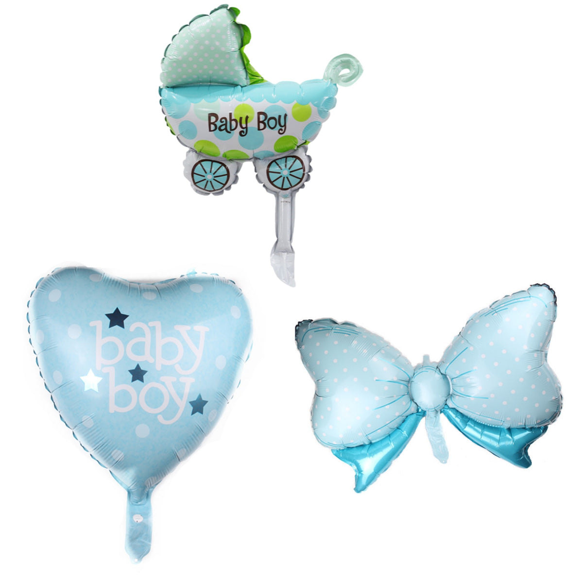 Set 3 Baloane din Folie Metalizata, Decoratiuni Tema Botez, Figurine Carucior Inima si Fundita, Umflare Aer sau Heliu, Albastru, 45 cm, 3 Bucati