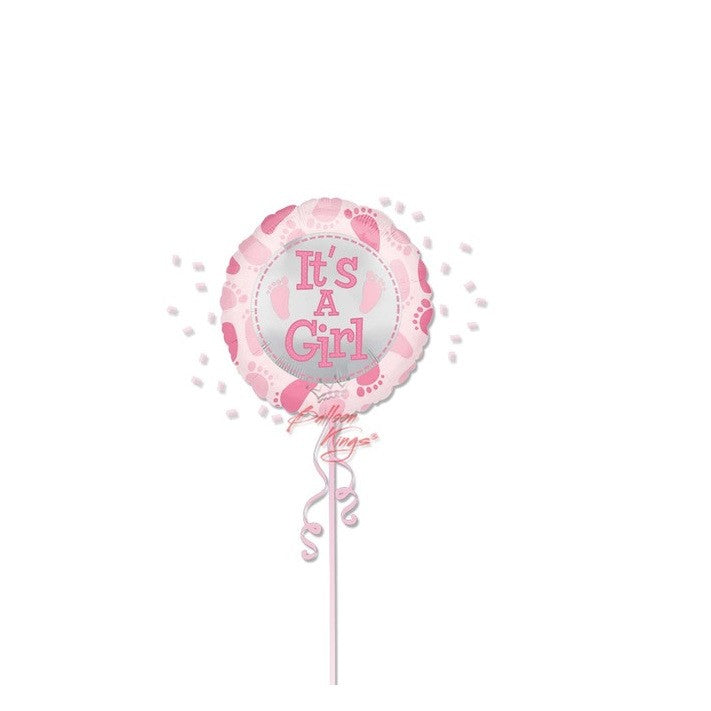 Balon din Folie Metalizata, Figurina Rotunda It's a Girl, Decoratiune Gender Reveal si Botez, Umflare cu Aer sau Heliu, Include Pai, Roz, 45 cm