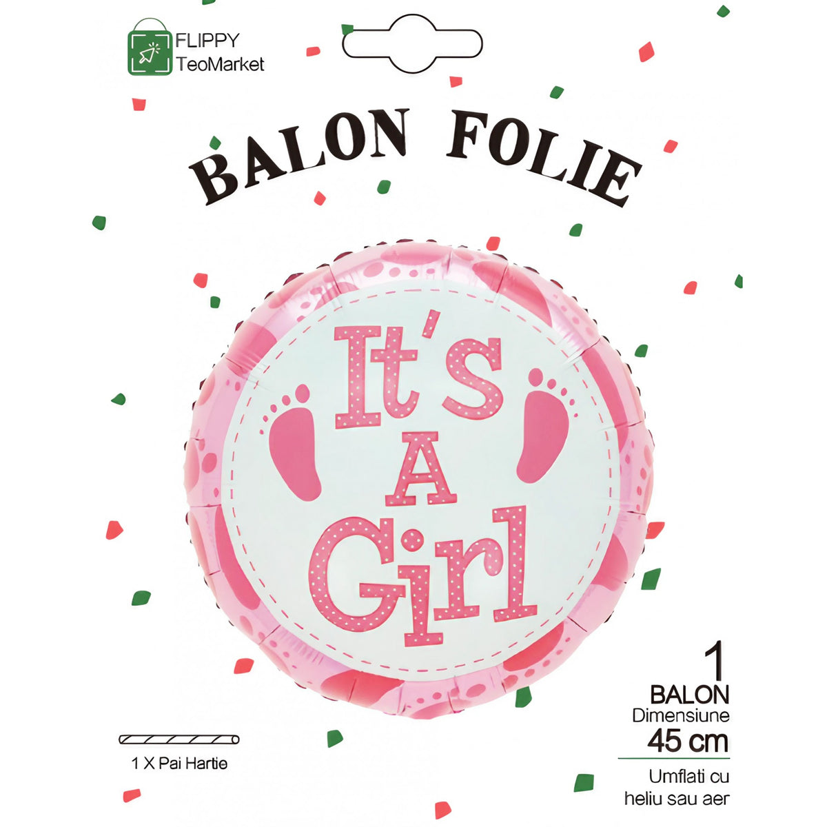 Balon din Folie Metalizata, Figurina Rotunda It's a Girl, Decoratiune Gender Reveal si Botez, Umflare cu Aer sau Heliu, Include Pai, Roz, 45 cm
