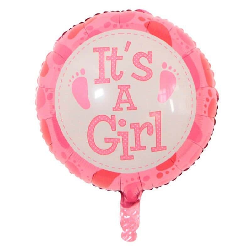 Balon din Folie Metalizata, Figurina Rotunda It's a Girl, Decoratiune Gender Reveal si Botez, Umflare cu Aer sau Heliu, Include Pai, Roz, 45 cm