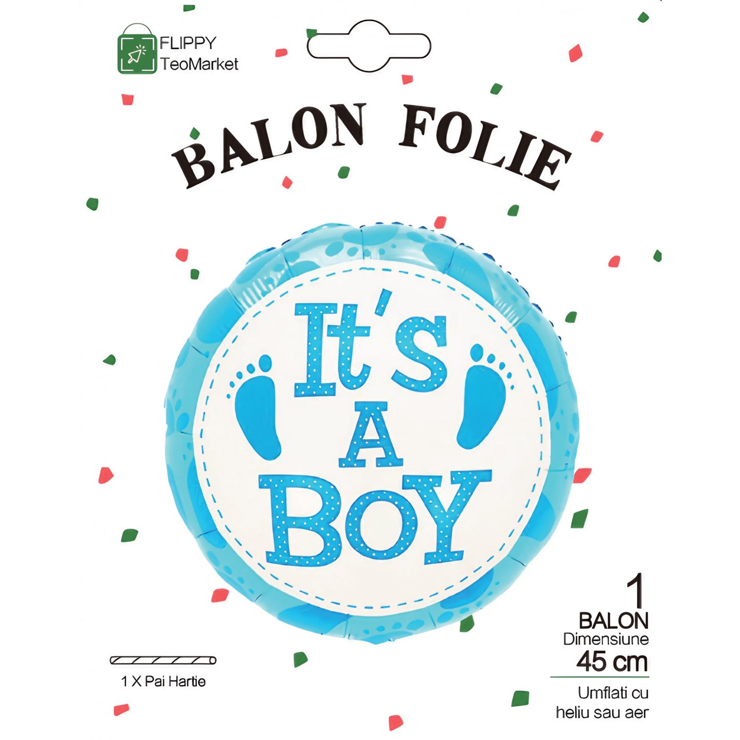 Balon din Folie Metalizata, Figurina Rotunda It's a Boy, Decoratiune Gender Reveal si Botez, Umflare Aer sau Heliu, Include Pai, Albastru, 45 cm
