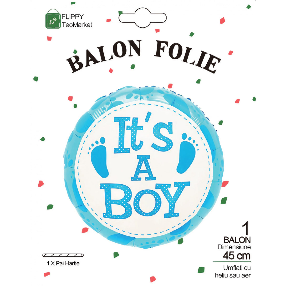Balon din Folie Metalizata, Figurina Rotunda It's a Boy, Decoratiune Gender Reveal si Botez, Umflare Aer sau Heliu, Include Pai, Albastru, 45 cm