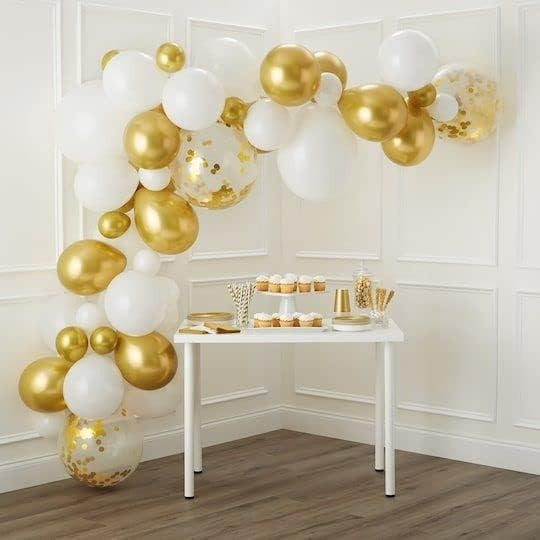 Set 16 Baloane Party din Latex pentru Petrecere, Compatibile Heliu sau Aer, 30 cm, Alb, Auriu și Transparent cu Confetti, 2.8 g