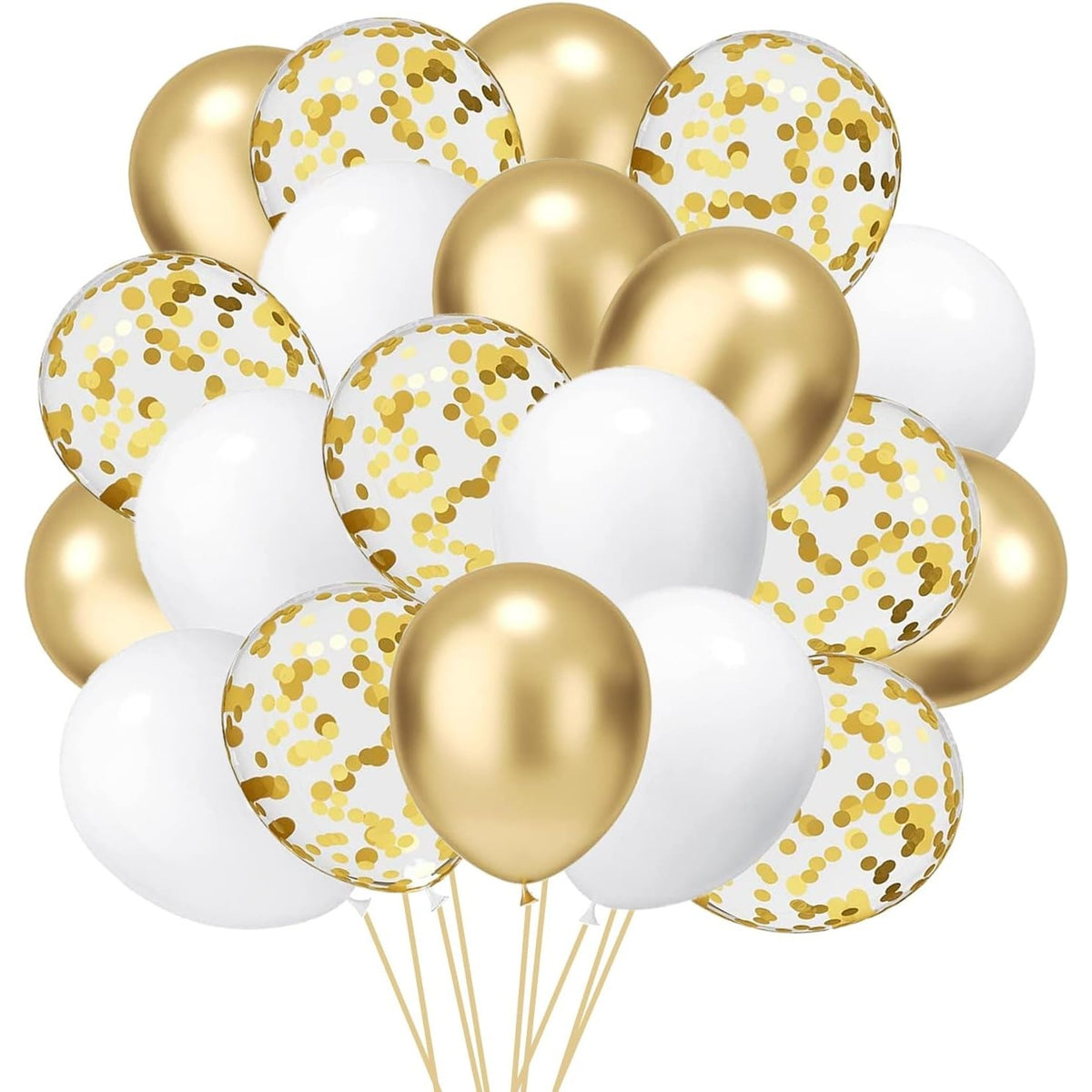 Set 16 Baloane Party din Latex pentru Petrecere, Compatibile Heliu sau Aer, 30 cm, Alb, Auriu și Transparent cu Confetti, 2.8 g