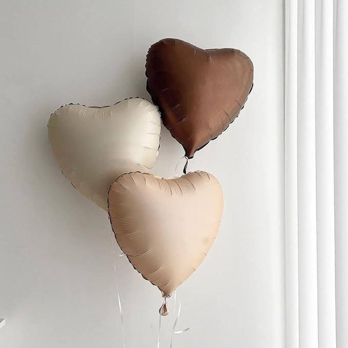 Set 3 Baloane din Folie Metalizata, Figurine Inimi, Decor Ziua Indragostitilor, Umflare Aer sau Heliu, Aluminiu, 45 cm, Crem/Maro