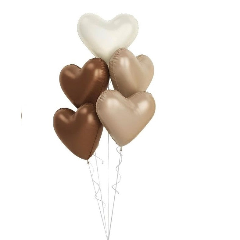 Set 3 Baloane din Folie Metalizata, Figurine Inimi, Decor Ziua Indragostitilor, Umflare Aer sau Heliu, Aluminiu, 45 cm, Crem/Maro