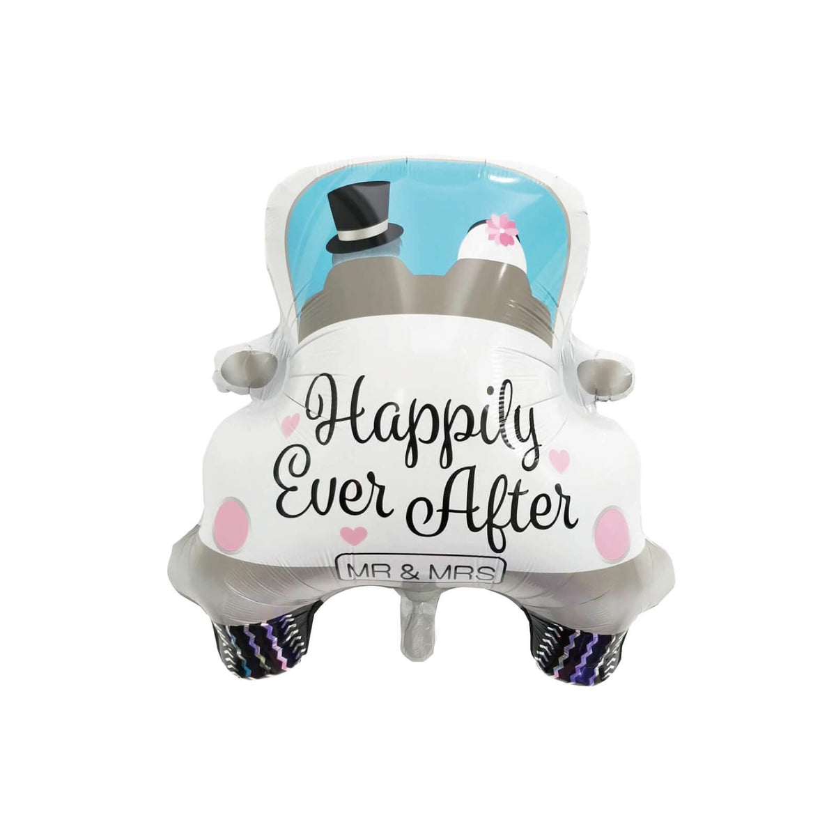 Balon din Folie Metalizata, Figurina Masina Nunta Happily Ever After, Decoratiune Evenimente, Umflare Aer sau Heliu, Pai Inclus, 60 x 63 cm, Alb