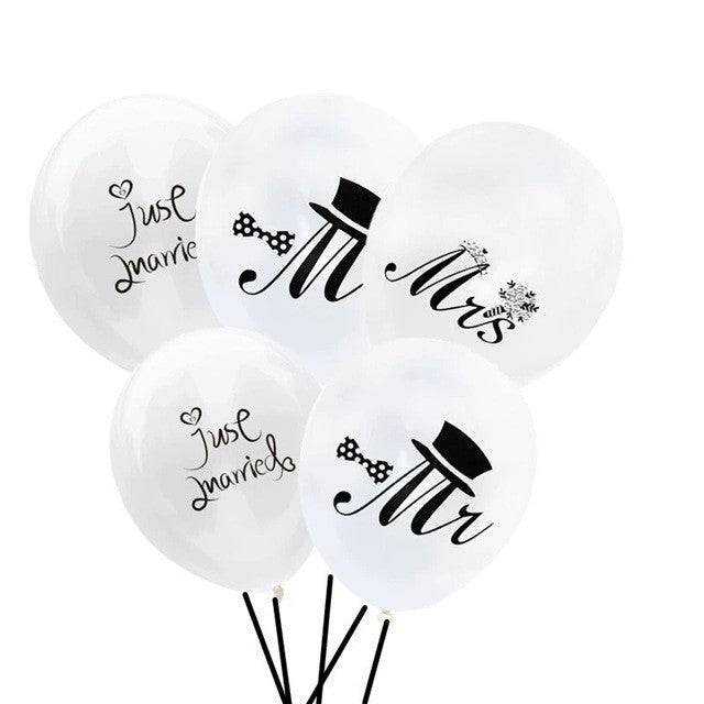 Set 10 Baloane din Latex, Model Nunta Mr & Mrs Just Married, Decor Petrecere Casatorie, 2.8 g, 30 cm, Alb/Negru