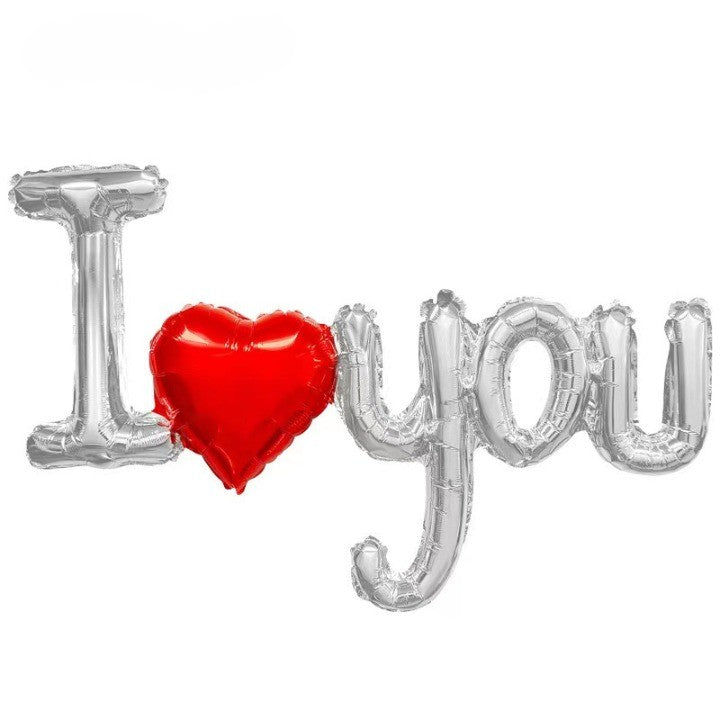 Balon Din Folie Metalizata, Model I Love You Cu Litere Si Inima, Decoratiune Ziua Indragostitilor, Umflare Aer Sau Heliu, Include Pai, 54x97 cm, Argintiu/Rosu