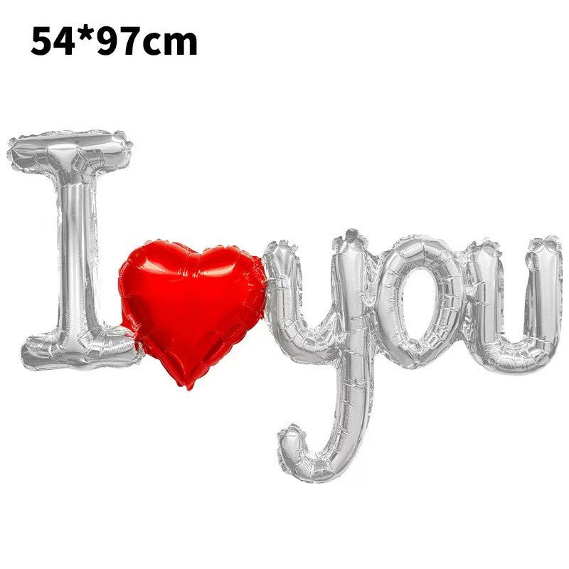Balon Din Folie Metalizata, Model I Love You Cu Litere Si Inima, Decoratiune Ziua Indragostitilor, Umflare Aer Sau Heliu, Include Pai, 54x97 cm, Argintiu/Rosu