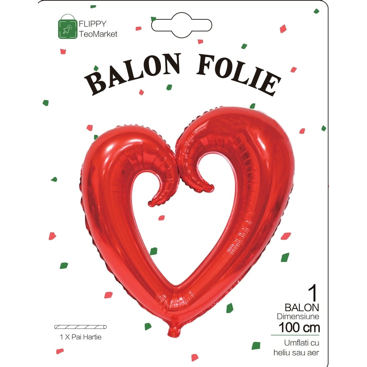 Balon din Folie Metalizata, Figurina Inima Gigantica, Decoratiune Ziua Indragostitilor, Umflare Aer sau Heliu, Pai Inclus, 100 cm, Rosu