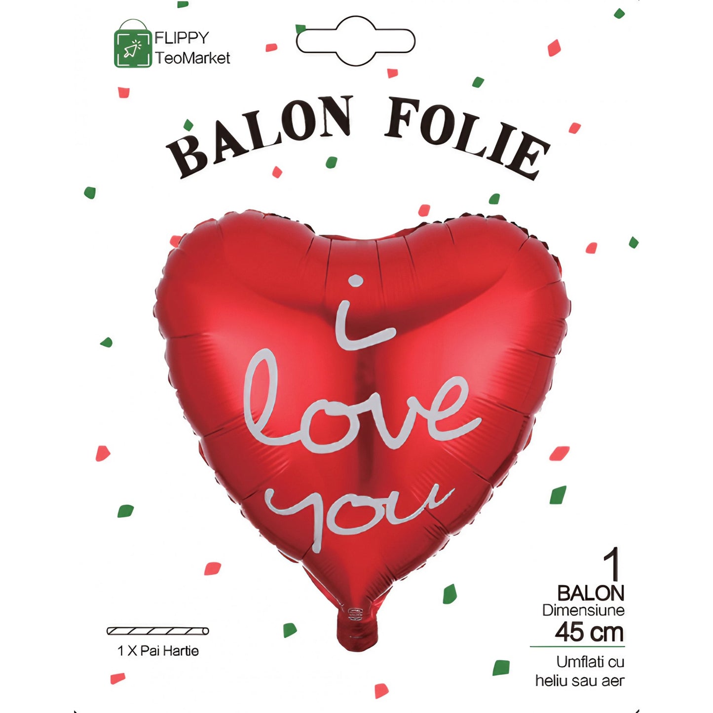Balon din Folie Metalizata Inima, Model I Love You Scris de Mana, Figurina Ziua Indragostitilor, Umflare Aer sau Heliu, include Pai, 45 cm, Rosu