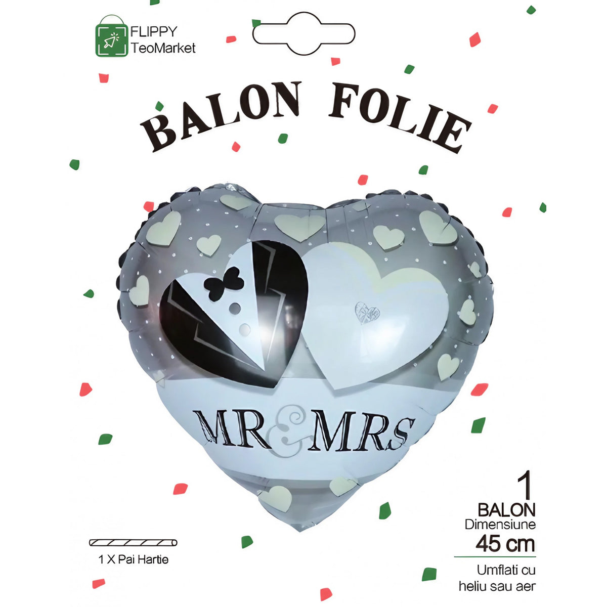 Balon din Folie Metalizata Inima, Model Mr&Mrs pentru Nunta, Compatibil Aer sau Heliu, Include Pai Umflare, 45 cm, Gri