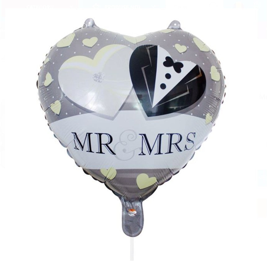 Balon din Folie Metalizata Inima, Model Mr&Mrs pentru Nunta, Compatibil Aer sau Heliu, Include Pai Umflare, 45 cm, Gri