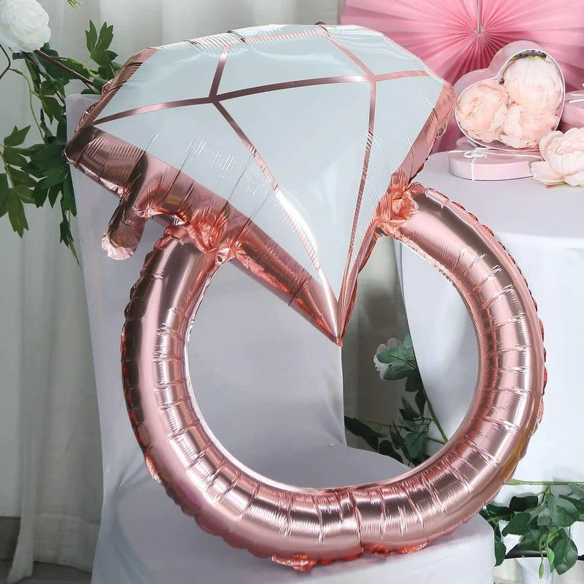 Balon din Folie Metalizata, Figurina Inel de Logodna cu Diamant, Decoratiuni Nunta si Petrecere, Umflare cu Aer sau Heliu, 60 cm, Roz