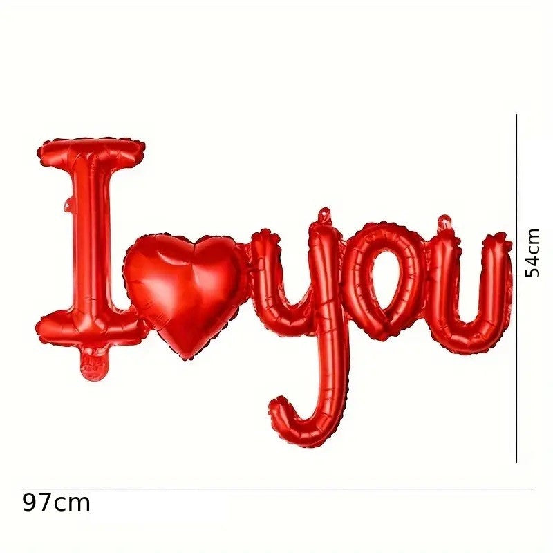Balon din Folie Metalizata, Model I Love You cu Litere si Inima, Decoratiune Ziua Indragostitilor, Umflare Aer sau Heliu, include Pai, Rosu, 54x97 cm