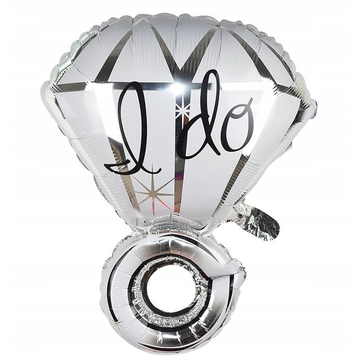 Balon din Folie Metalizata, Figurina Inel de Logodna cu Diamant, Decoratiune Tema Nunta si Cerere in Casatorie, Umflare Aer sau Heliu, Pai Inclus, 60 cm, Alb