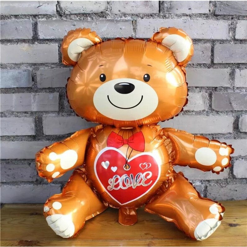 Balon din Folie Metalizata, Figurina Urs Model Love, Decoratiune Ziua Indragostitilor, Umflare Aer sau Heliu, Pai Inclus, 60x63 cm, Maro