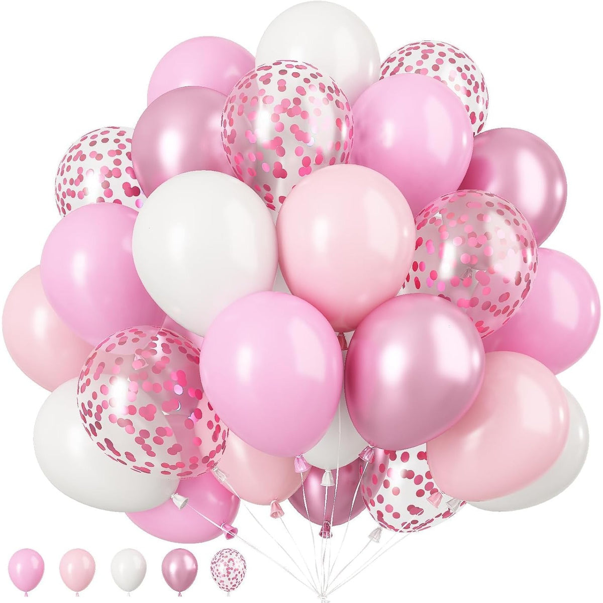 Set 16 Baloane Party din Latex Metalizat și Confetti, Reutilizabile, Diametru 30 cm, Mix Culori Alb, Roz și Roz Chrome, 16 Bucăți