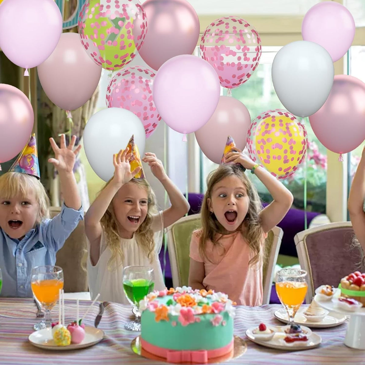 Set 16 Baloane Party din Latex Metalizat și Confetti, Reutilizabile, Diametru 30 cm, Mix Culori Alb, Roz și Roz Chrome, 16 Bucăți