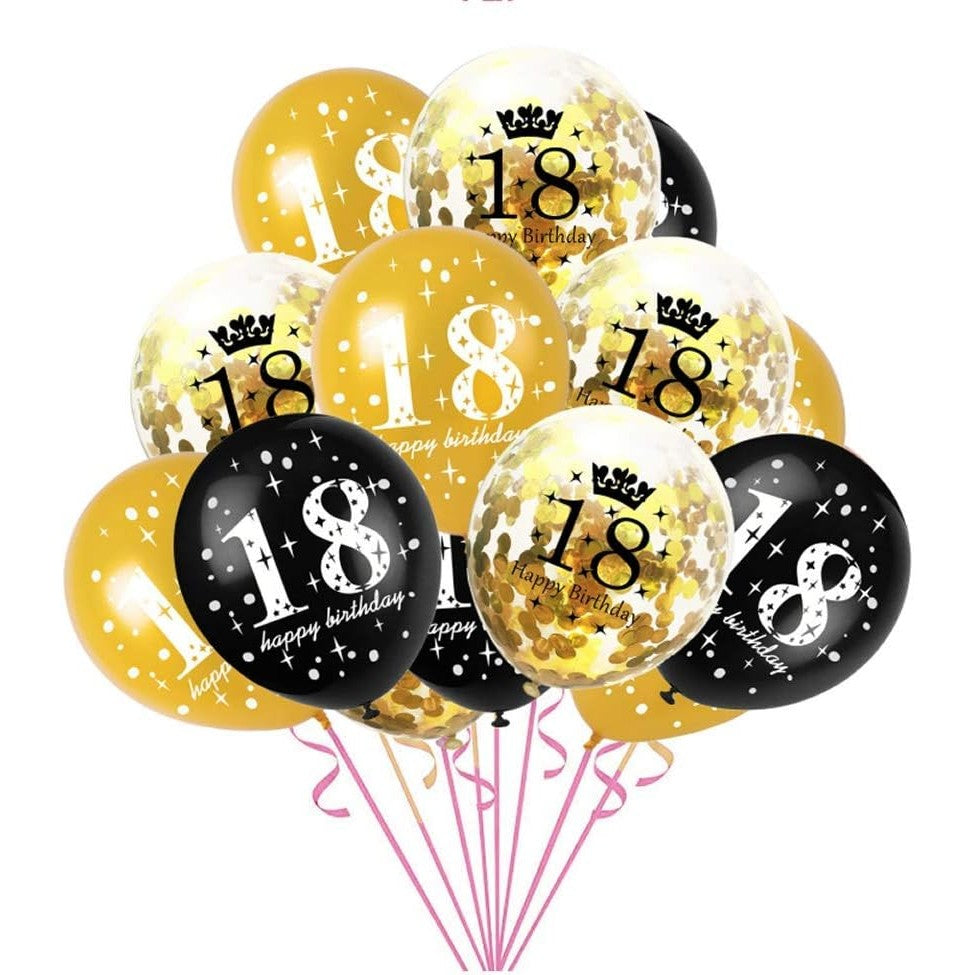 Set 18 Baloane Majorat, Model 18 Happy Birthday, Latex Metalizat si Confetti, Compatibile Heliu, 30 cm, Auriu/Negru/Transparent