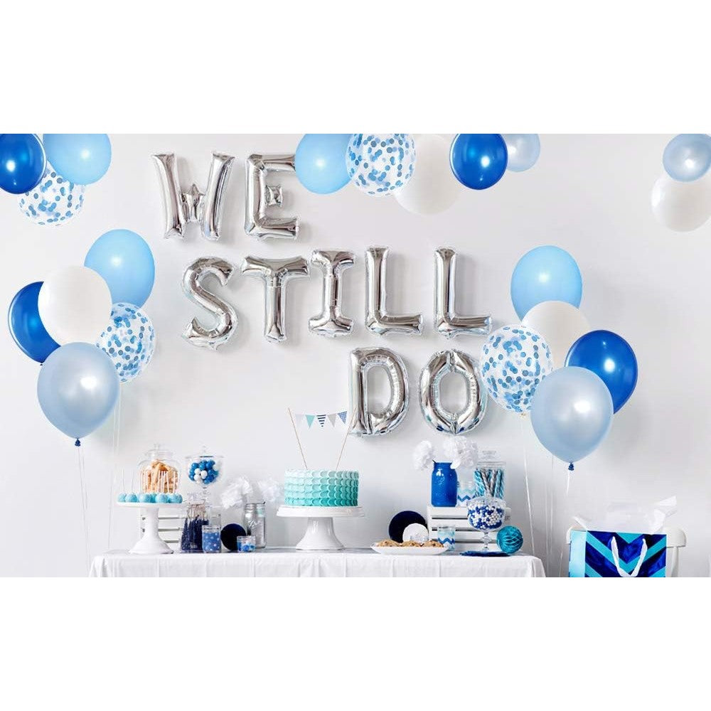Set 16 Baloane Party din Latex, Metalizate si cu Confetti, Compatibile Heliu, 30 cm, Albastru, Alb si Transparent, 2.8 g