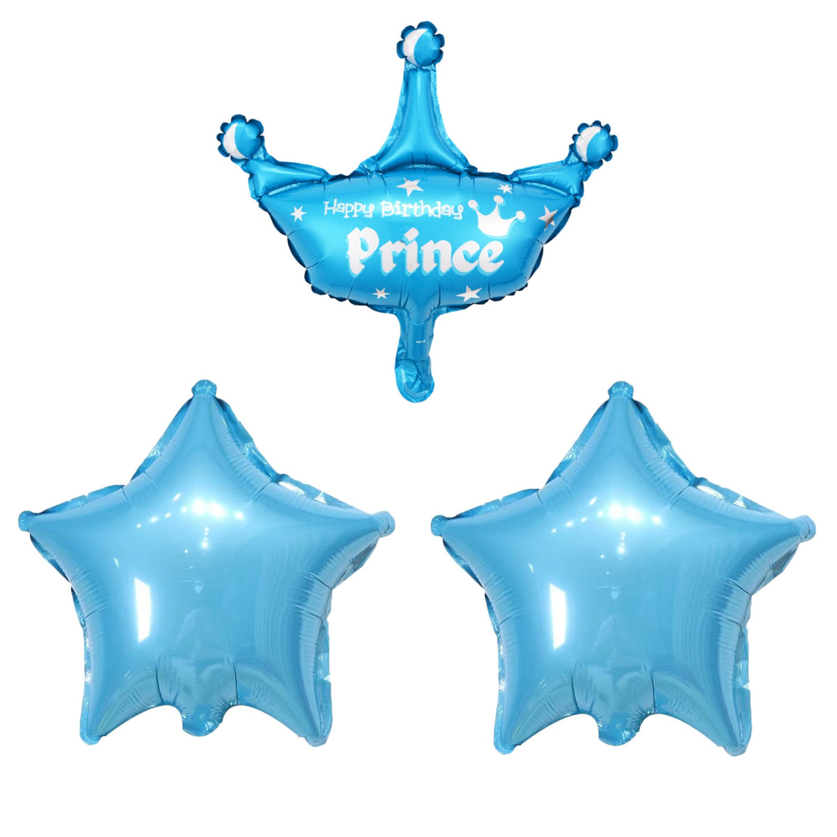 Set 3 Baloane din Folie Metalizata, Model Coroana Prince si Stelute, Accesorii Aniversare, Umflare Aer sau Heliu, 40 cm, Albastru
