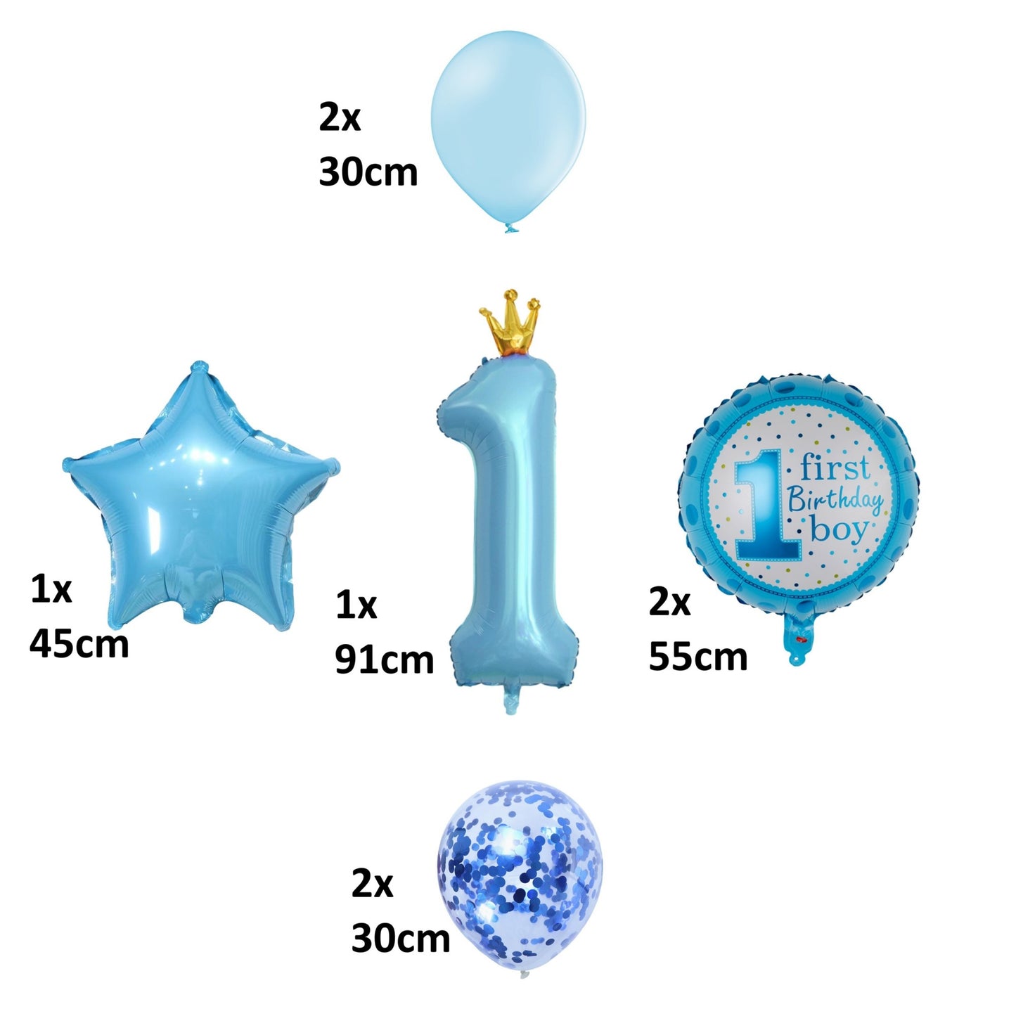 Set 8 Baloane Prima Aniversare, Model Printesa cu Cifra 1, Figurine Folie Metalizata si Latex, Umflare Aer sau Heliu, Albastru, 8 Piese