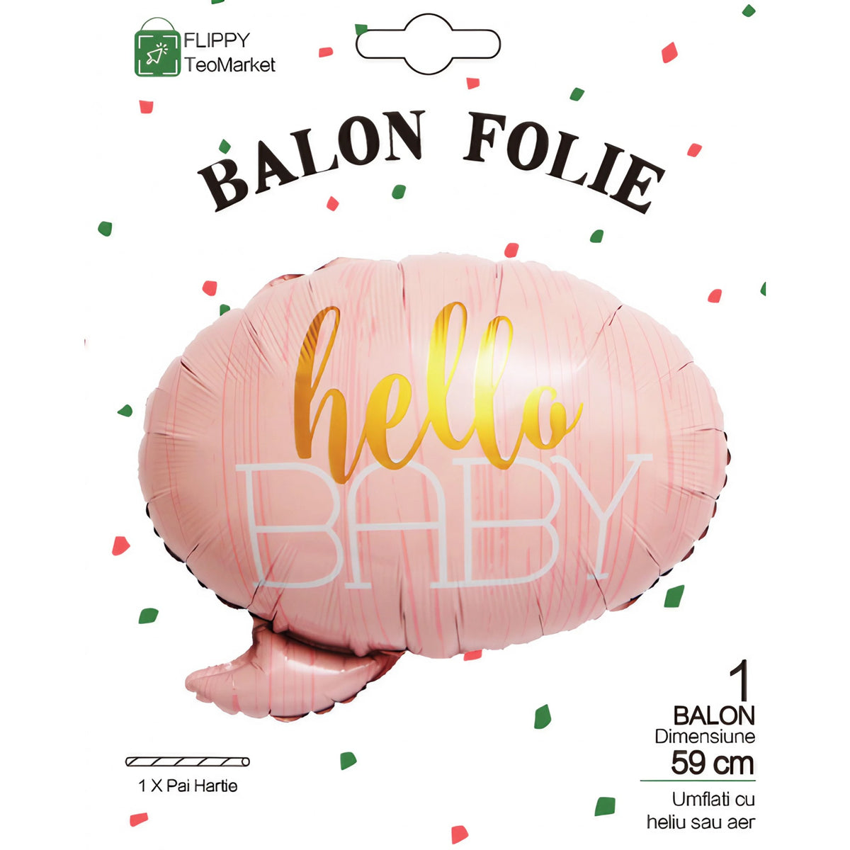 Balon din Folie Metalizata, Figurina Norisor Hello Baby, Decoratiune Botez si Baby Shower, Compatibil Aer sau Heliu, Roz, 59x50 cm