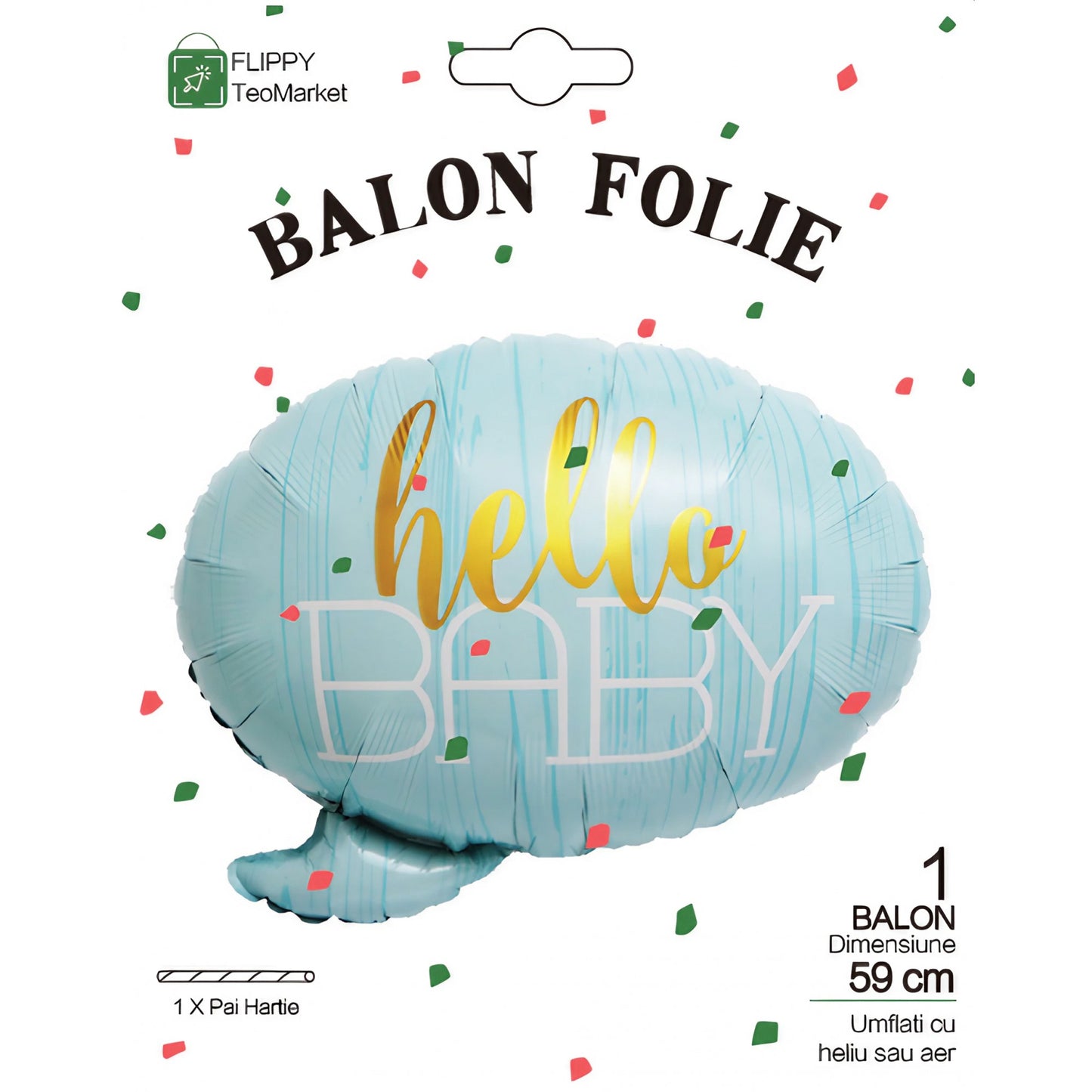Balon din Folie Metalizata, Figurina Norisor, Tema Hello Baby, Umflare cu Aer sau Heliu, Include Pai, Albastru, 59x50 cm