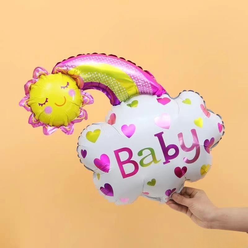 Balon din Folie Metalizata, Figurina Soare si Nor, Decoratiune Botez si Baby Shower, Compatibil Aer sau Heliu, include Pai Umflare, 60x53 cm, Roz
