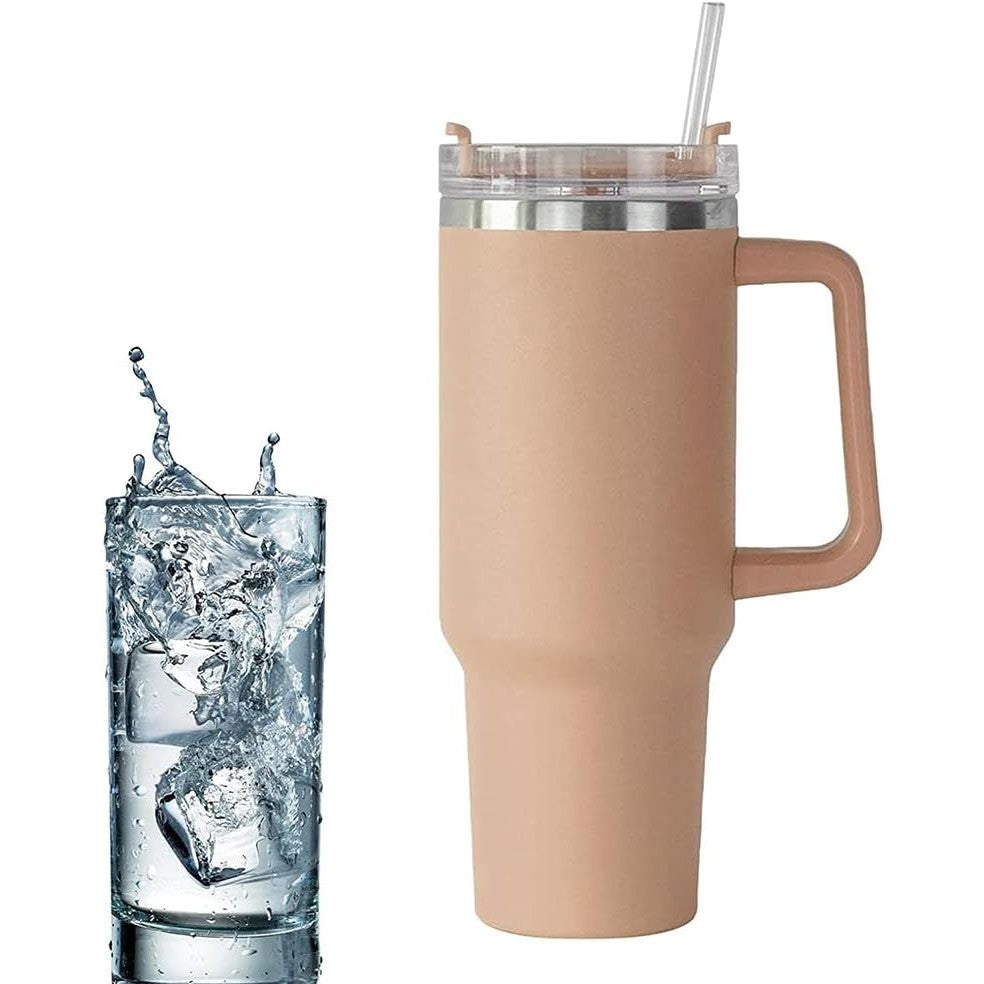Cană Termos cu Mâner și Pai, Izolare Termică 6 Ore, Interior Oțel Inoxidabil 304, Capacitate 1200 ml, Roz Pal