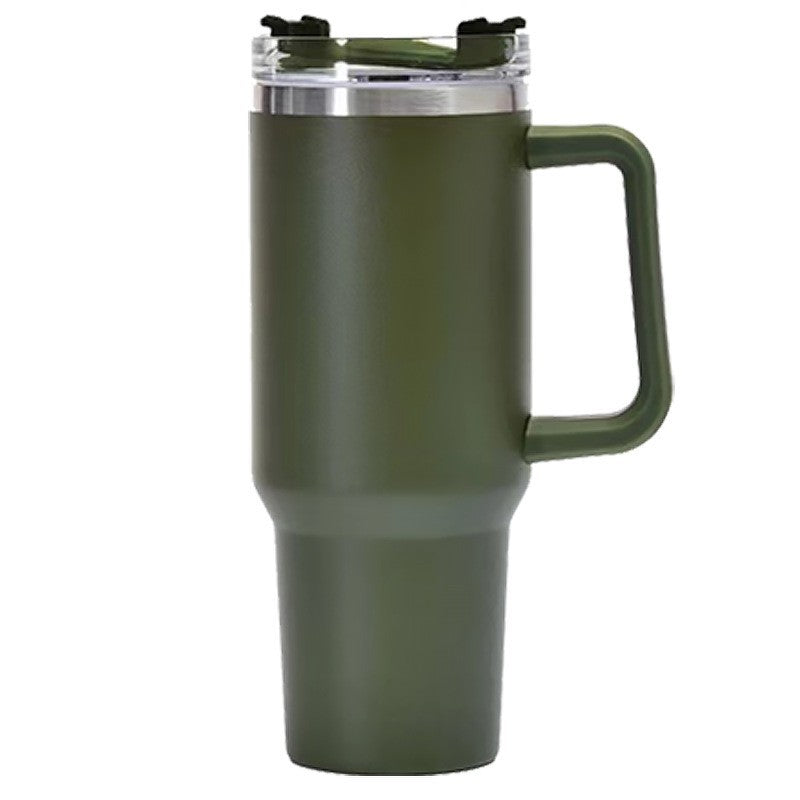 Cana Termos cu Maner si Pai, Izolare Termica 6 Ore, Interior Otel Inoxidabil 304 si Plastic Rezistent, 1200 ml, 9.9x9.9x27 cm, Verde Army