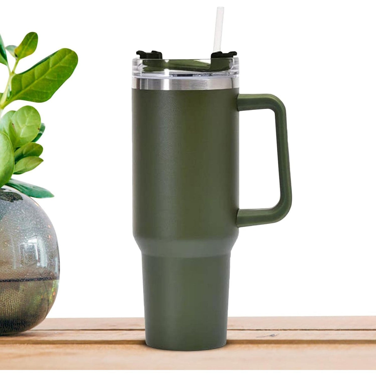 Cana Termos cu Maner si Pai, Izolare Termica 6 Ore, Interior Otel Inoxidabil 304 si Plastic Rezistent, 1200 ml, 9.9x9.9x27 cm, Verde Army