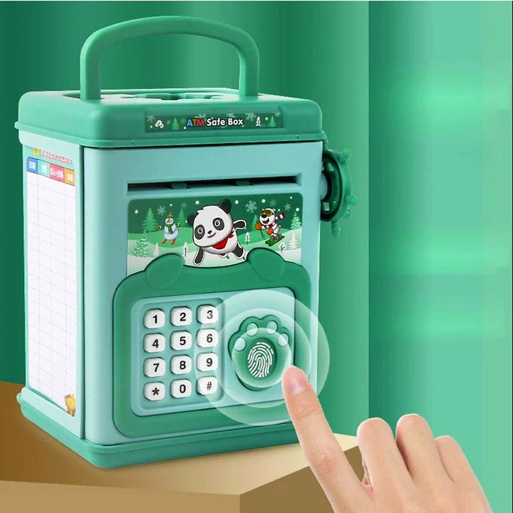 Pusculita pentru Copii Smart Box, Seif Tip ATM cu Efecte Sonore, Parola si Amprenta, Sistem Automat de Depozitare Numerar, Material Plastic, 20 x 13.5 x 11.5 cm, Verde
