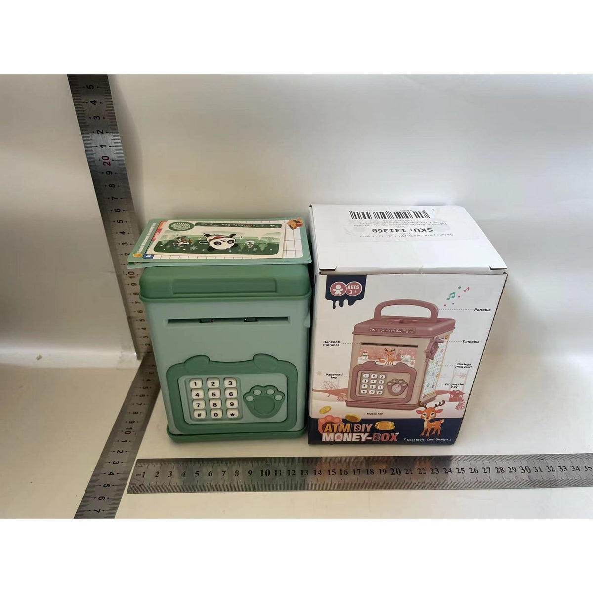 Pusculita pentru Copii Smart Box, Seif Tip ATM cu Efecte Sonore, Parola si Amprenta, Sistem Automat de Depozitare Numerar, Material Plastic, 20 x 13.5 x 11.5 cm, Verde