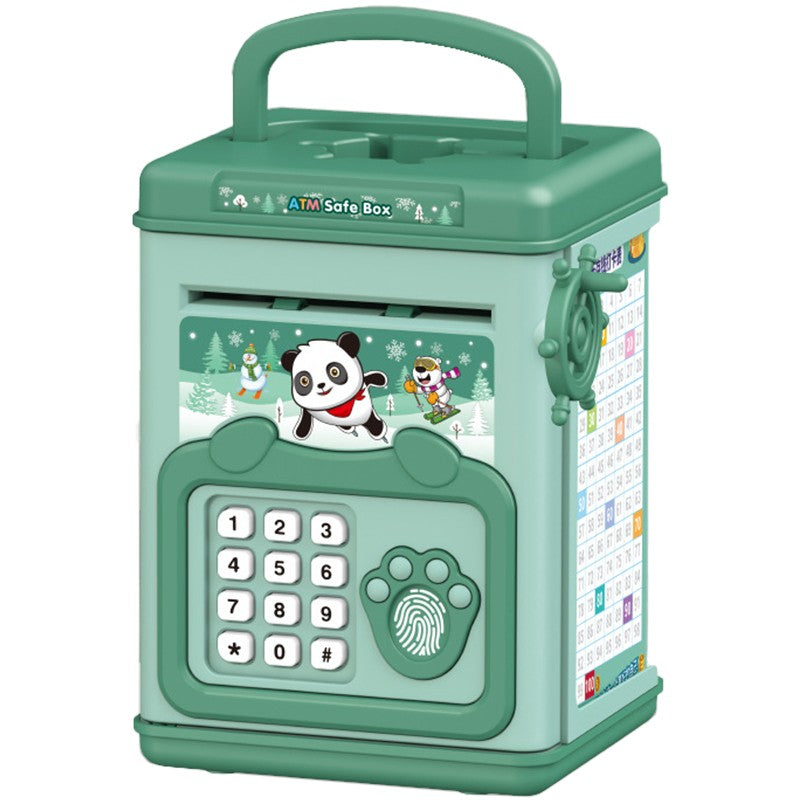 Pusculita pentru Copii Smart Box, Seif Tip ATM cu Efecte Sonore, Parola si Amprenta, Sistem Automat de Depozitare Numerar, Material Plastic, 20 x 13.5 x 11.5 cm, Verde