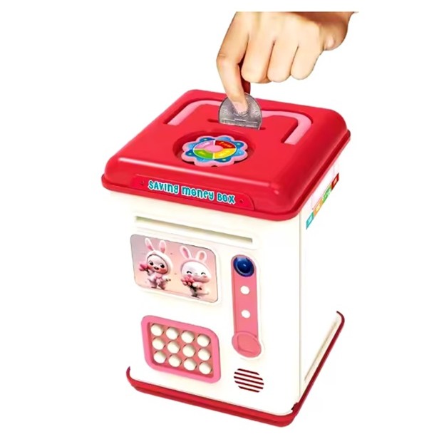 Pusculita Interactiva pentru Copii, Model Bancomat ATM cu Parola si Senzor Amprenta, Seif Electronic pentru Bancnote si Monede, Plastic Rezistent, 13.5 x 11.5 x 20 cm, Roz