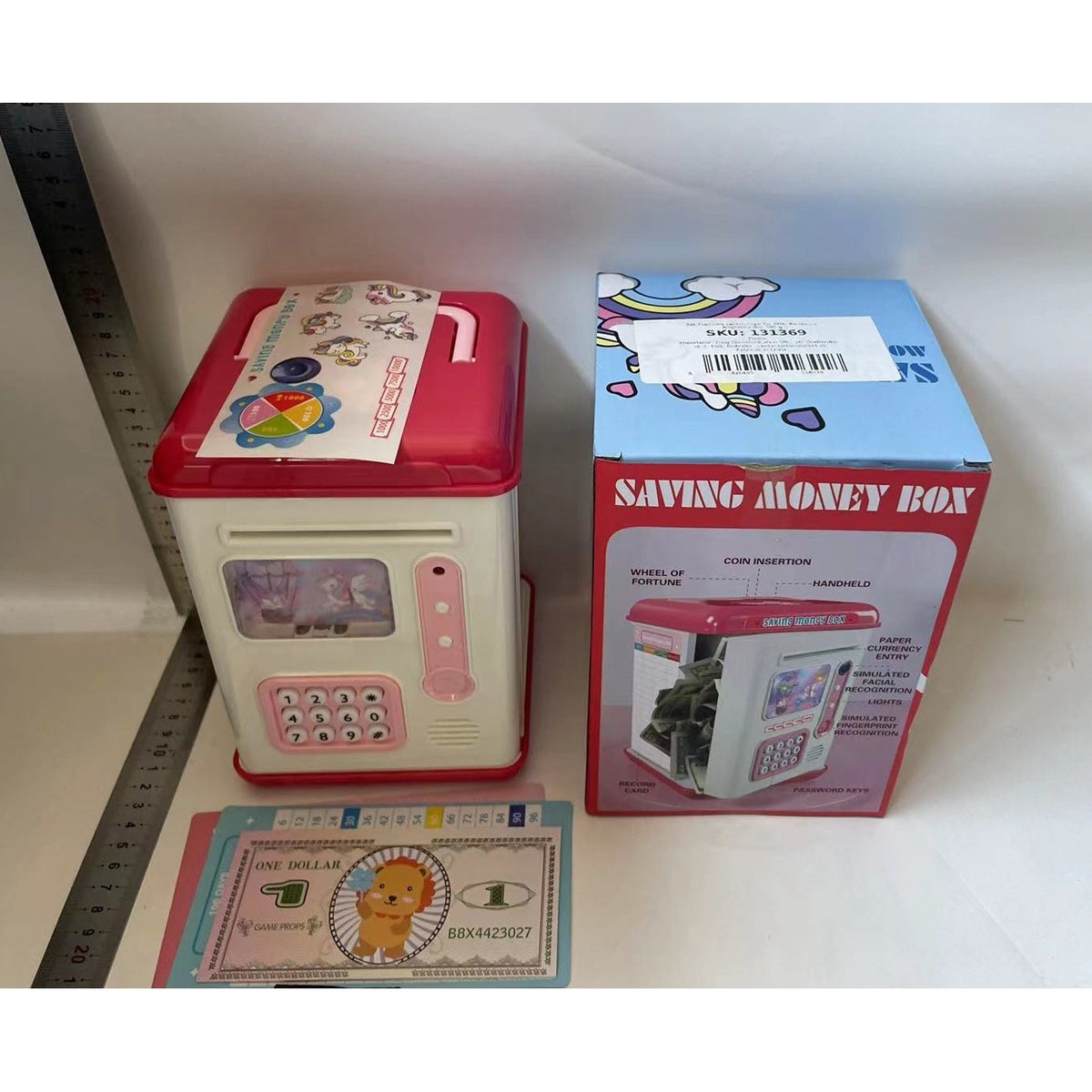 Pusculita Interactiva pentru Copii, Model Bancomat ATM cu Parola si Senzor Amprenta, Seif Electronic pentru Bancnote si Monede, Plastic Rezistent, 13.5 x 11.5 x 20 cm, Roz