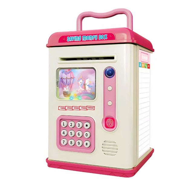 Pusculita Interactiva pentru Copii, Model Bancomat ATM cu Parola si Senzor Amprenta, Seif Electronic pentru Bancnote si Monede, Plastic Rezistent, 13.5 x 11.5 x 20 cm, Roz