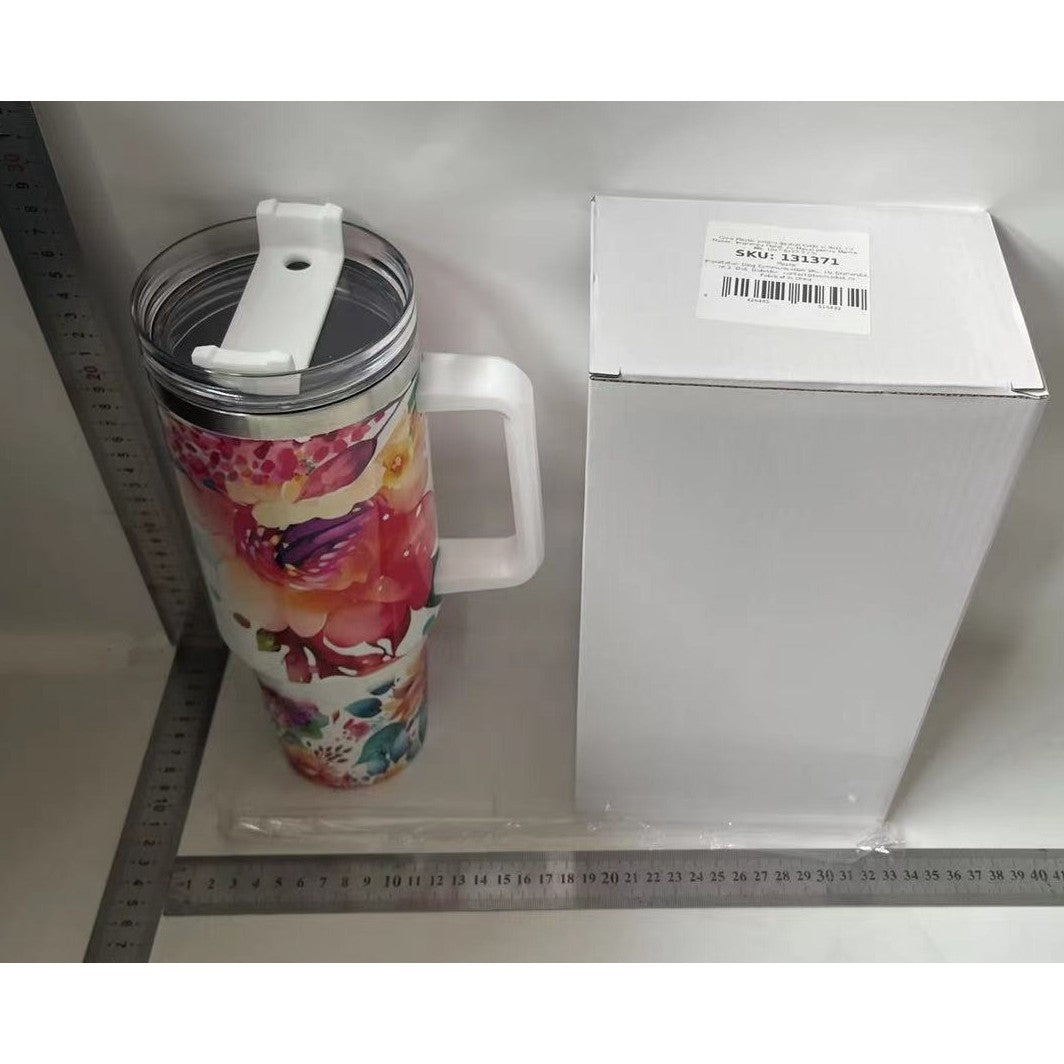 Cana Termos cu Maner si Izolatie Termica, Pahar Reutilizabil pentru Cafea si Ceai, Inox si Plastic, Imprimeu Floral cu Mesaj Mama, Alb, 1200 ml, 10x7.6x27.5 cm