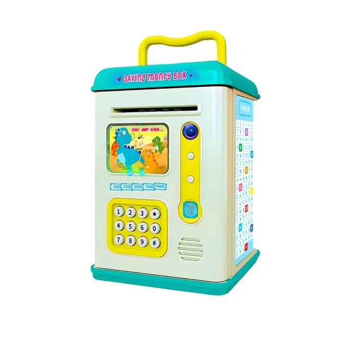 Pusculita Interactiva pentru Copii, Tip Seif ATM cu Parola si Senzor Amprenta, Slot Automat Bancnote si Monede, Plastic Rezistent, 13.5 x 11.5 x 20 cm, Albastru